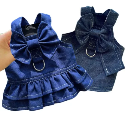 Denim Ruffle Dress with Bow Design - Image 3